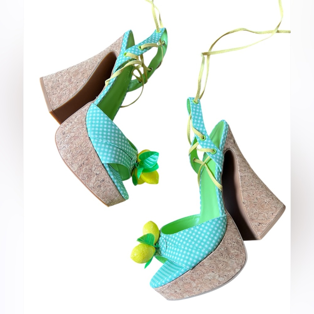 Dollskill NEW Sugar Thrillz Sour Hour Green Gingham Lemon Platform Heels Size 11 - Picture 9 of 16
